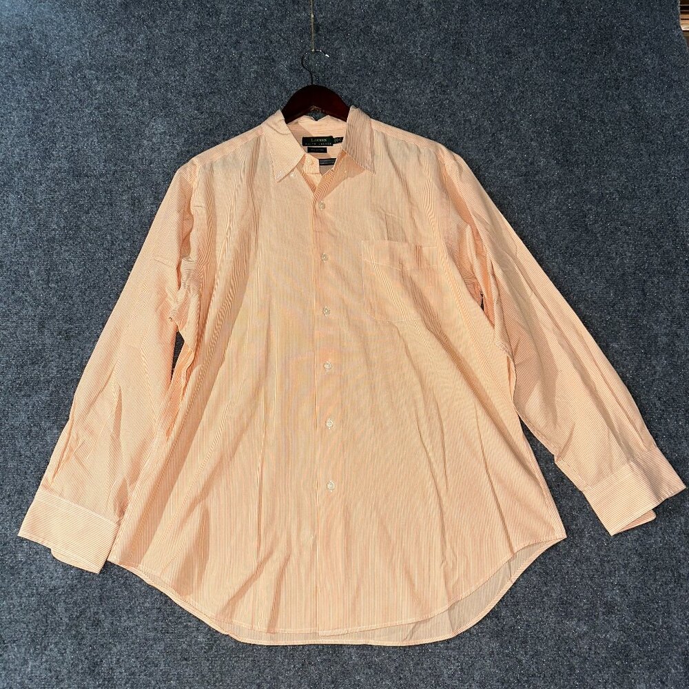 Lauren Ralph Lauren Shirt Mens 16  Orange Cotton Striped Button Down Pocket